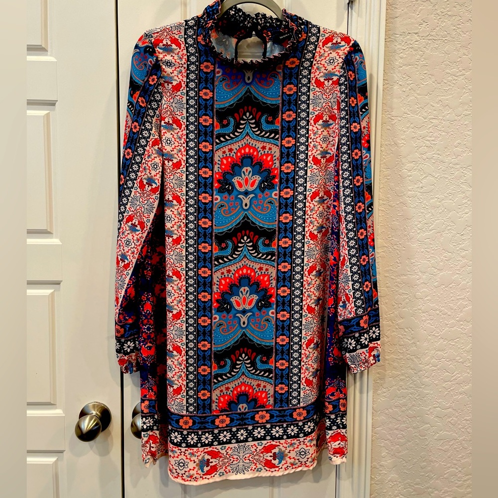 Jealous Tomato Woman’s Boho Floral Dress, Orange, Blue,Teal,Size:Large Preloved